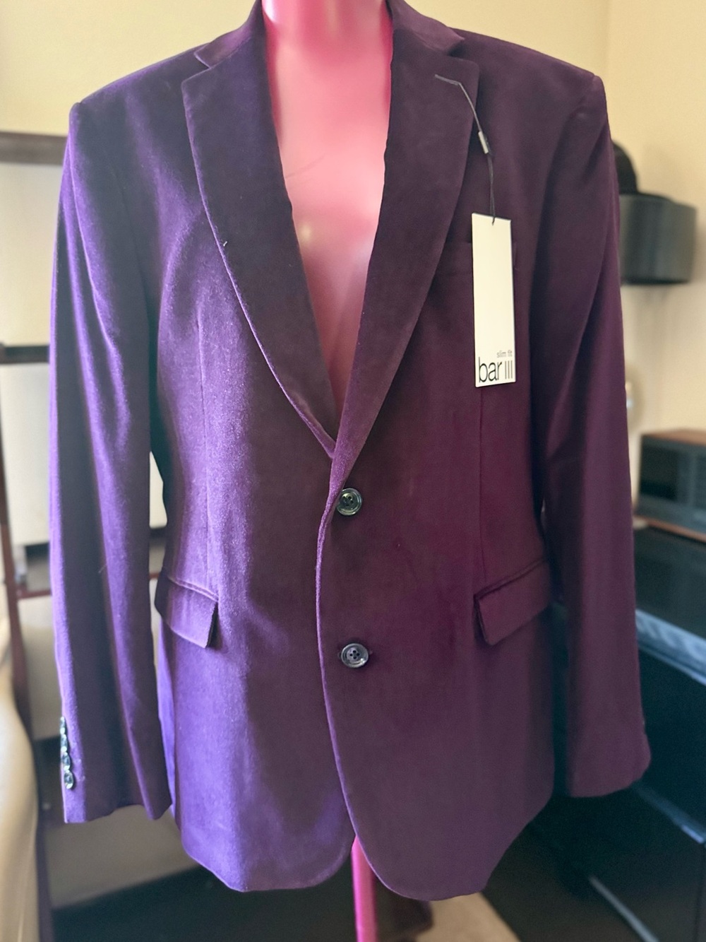 Bar III Mens Slim fit Velvet Sport Coat Blazer 42S purple Solid Stretch